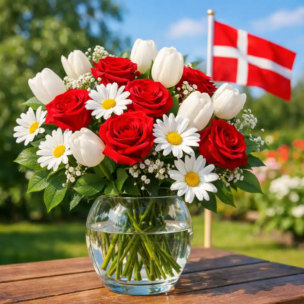 Sankt Hans-buket med røde og hvide blomster og dansk flag