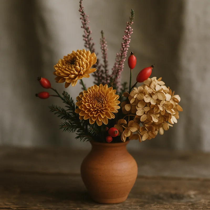 Efterårsbuket med chrysanthemum, lyng og hyben