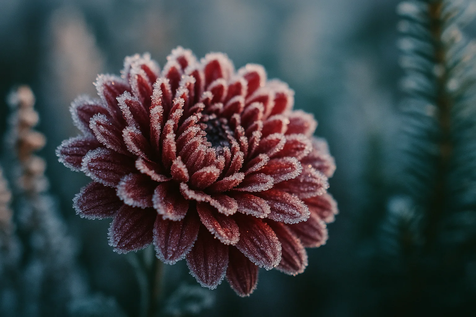 Chrysanthemum dækket af frost i morgenlyset, frosttolerante blomster