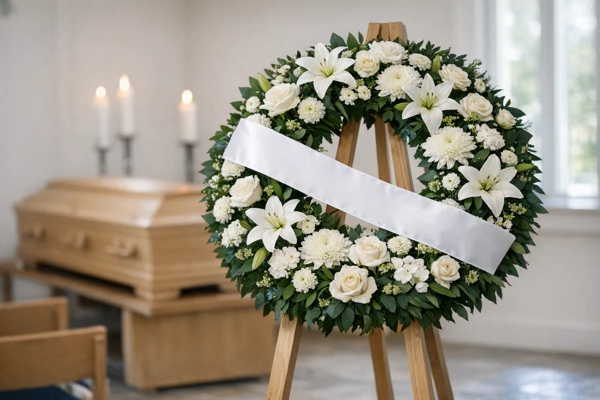 Bårekrans med hvide liljer og roser på stativ med bånd