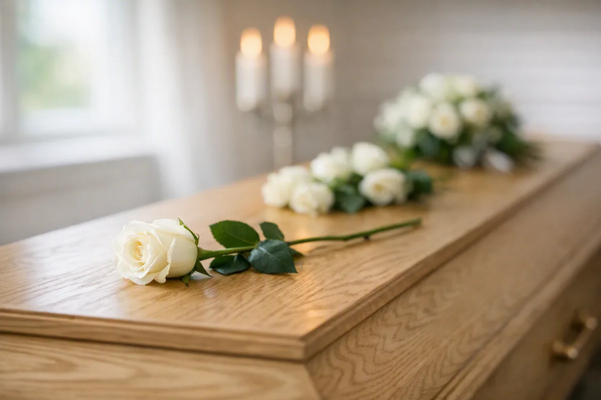 En enkelt hvid rose lagt på kistelåget ved afskeden